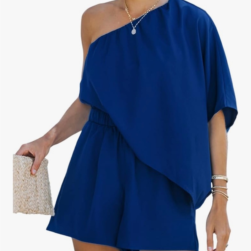 CUPSHE Women's One Shoulder Romper 3/4 Sleeve Wide Leg Draped Bodice Romper